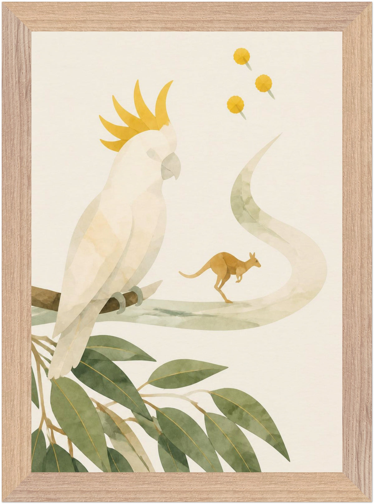 Bush Picnic Cockatoo and Kangaroo, Size: A4, Frame colour: Wood; supplier product preview.