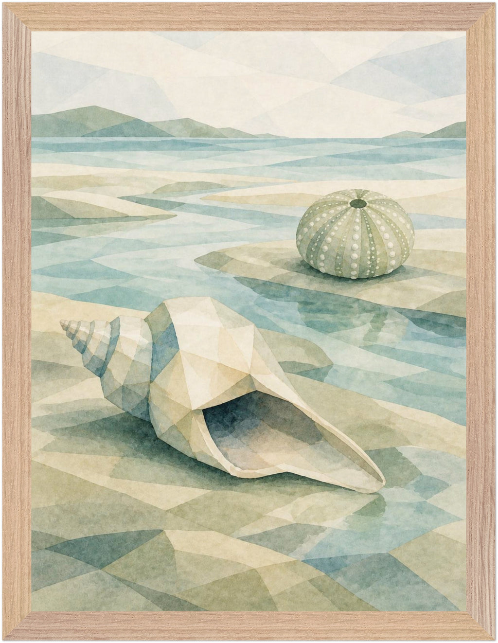 Seaglass Shore Conch and Sea Urchin, Size: 30 × 40 cm, Frame colour: Wood; supplier product preview.
