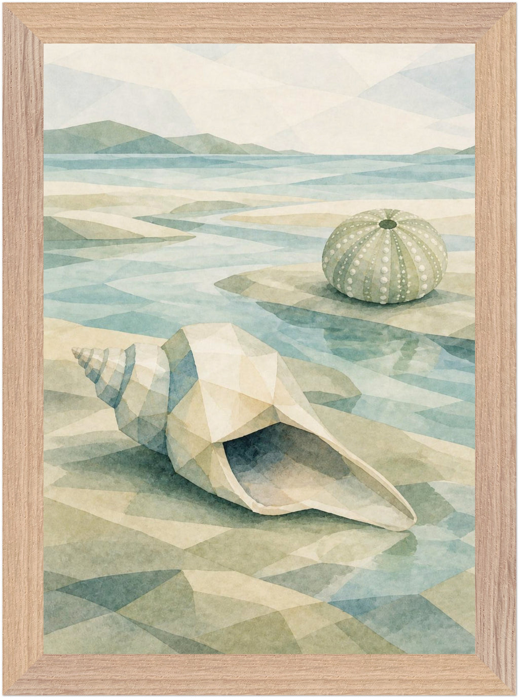 Seaglass Shore Conch and Sea Urchin, Size: A4, Frame colour: Wood; supplier product preview.
