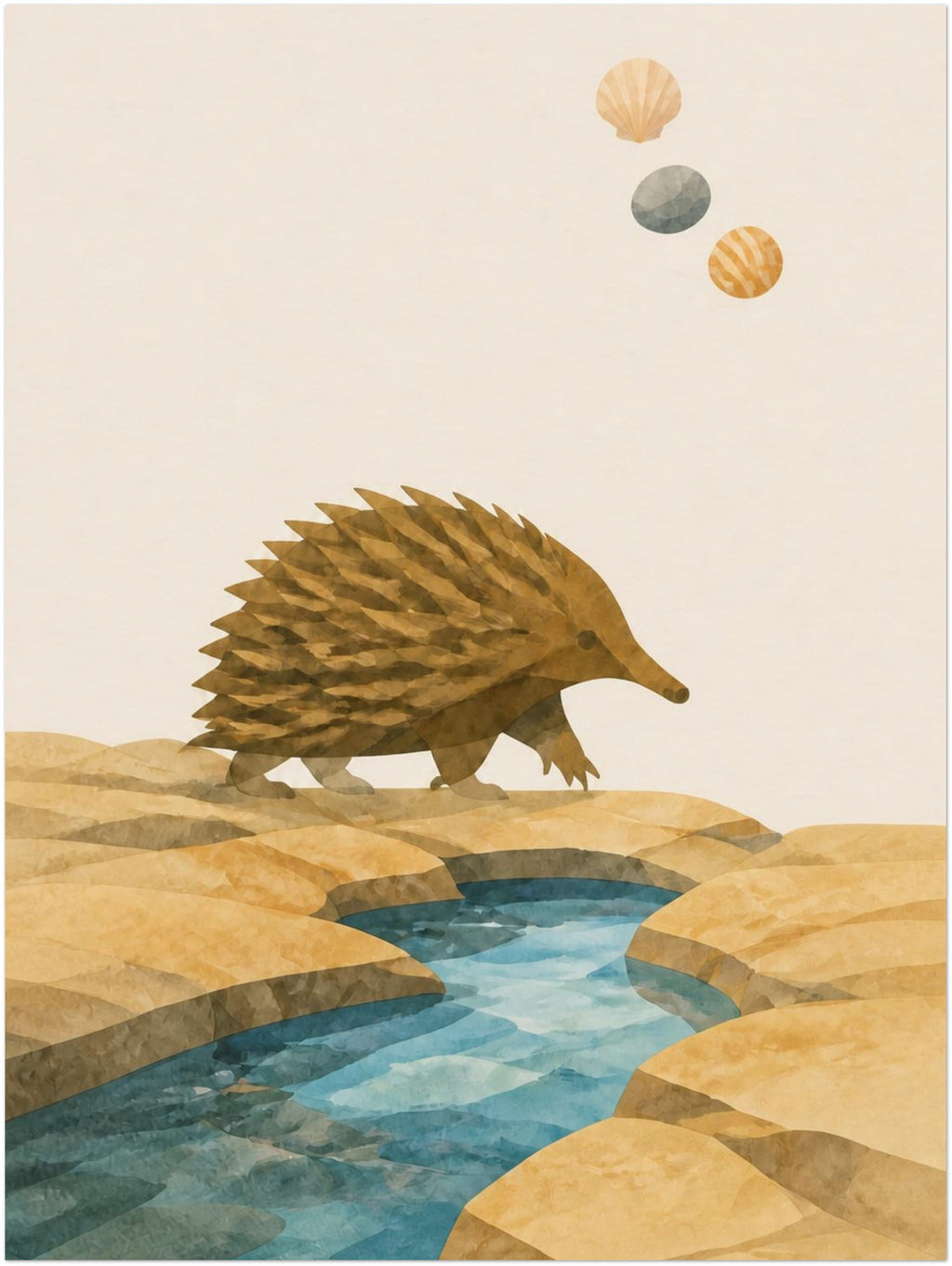 Bush Picnic Echidna by the Stream print without a frame, shown in the 30 × 40 cm artwork preview.