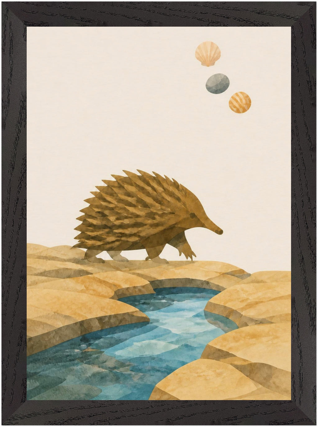 Bush Picnic Echidna by the Stream, Size: A4, Frame colour: Black; supplier product preview.