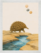 Bush Picnic Echidna by the Stream, Size: 30 × 40 cm, Frame colour: White; supplier product preview.