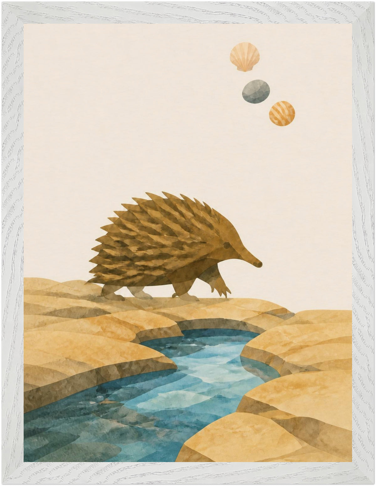 Bush Picnic Echidna by the Stream, Size: 30 × 40 cm, Frame colour: White; supplier product preview.