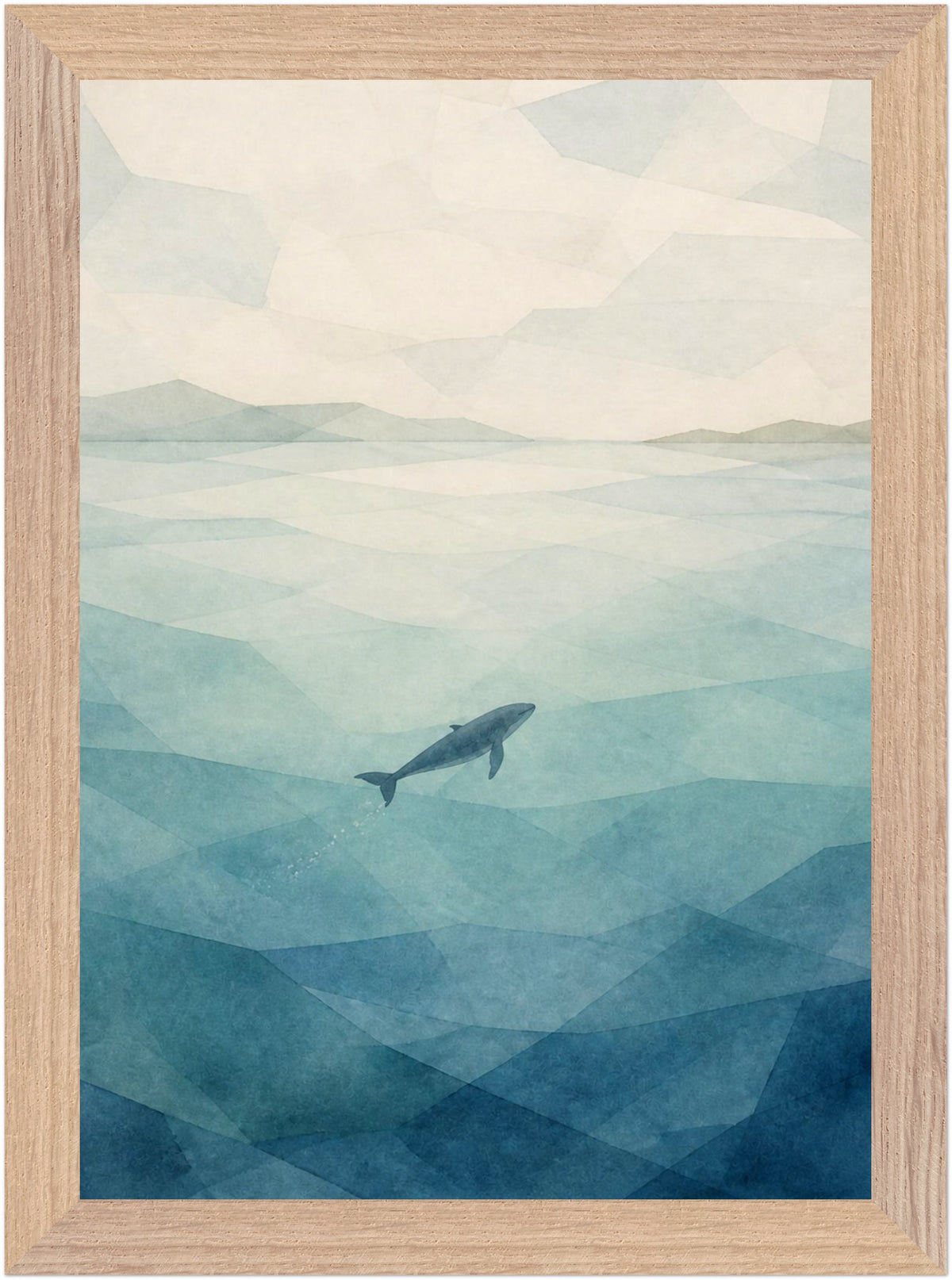 Seaglass Shore Whale in Blue Water, Size: A4, Frame colour: Wood; supplier product preview.