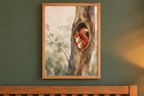 Mosswood Trail Squirrel at the Hollow print in a natural wood frame in the collection room.