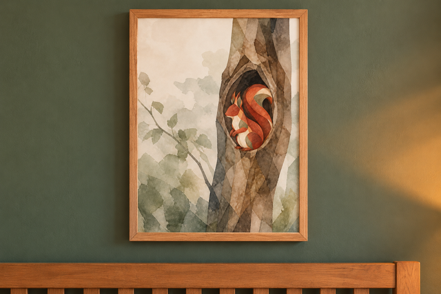 Mosswood Trail Squirrel at the Hollow print in a natural wood frame in the collection room.