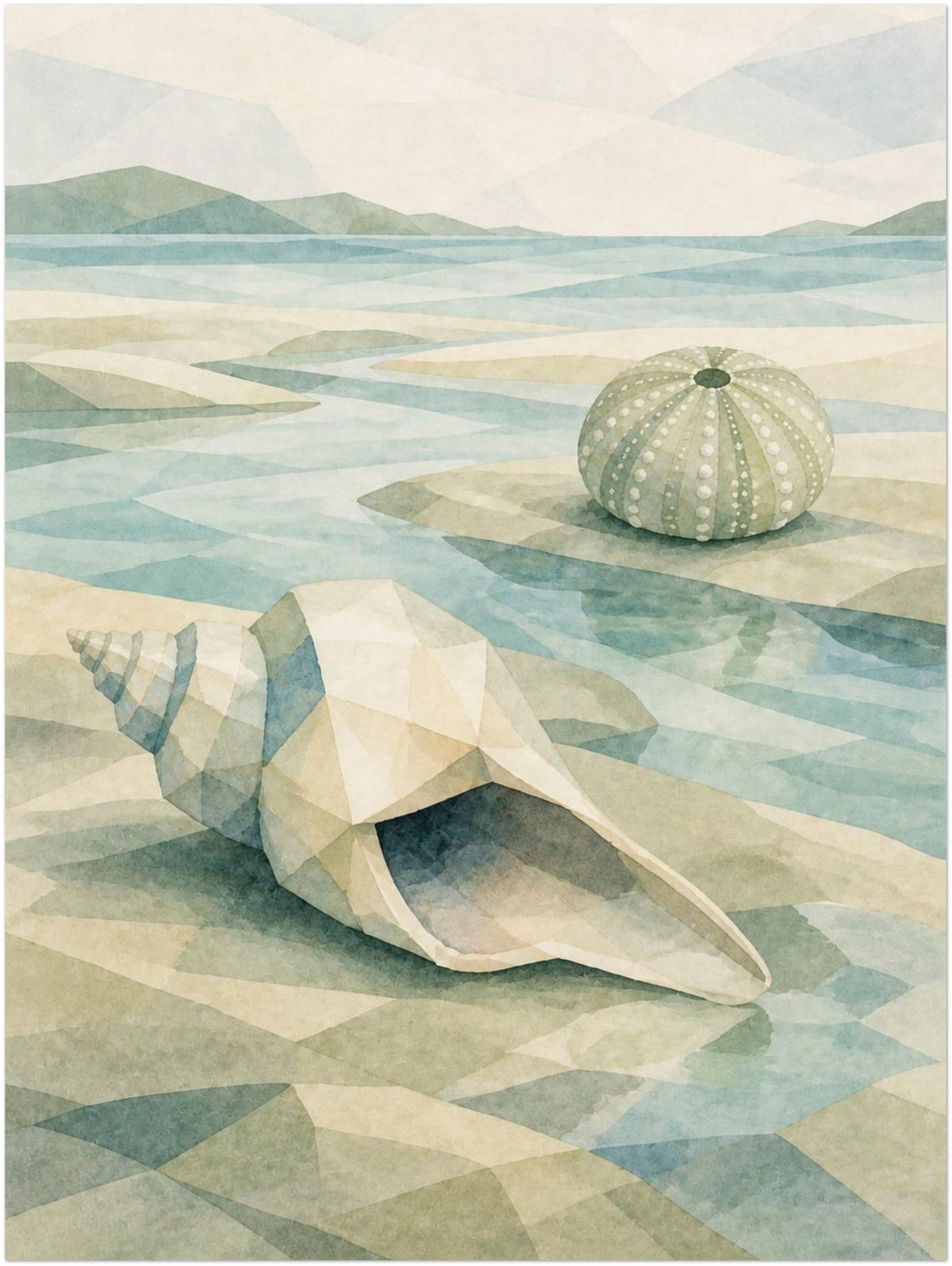 Seaglass Shore Conch and Sea Urchin print without a frame, shown in the 30 × 40 cm artwork preview.