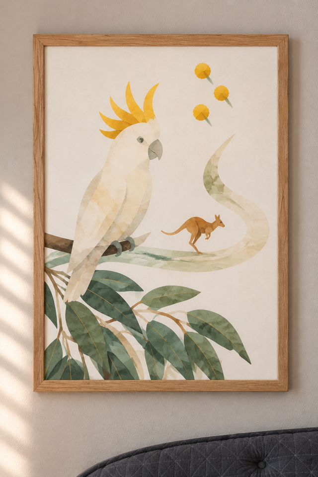 Bush Picnic Cockatoo and Kangaroo print in a natural wood frame in the collection room.