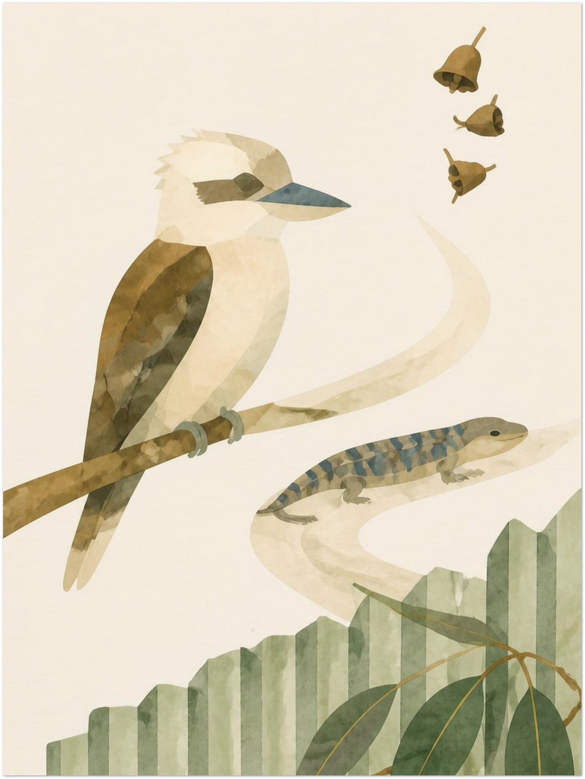Bush Picnic Kookaburra and Skink print without a frame, shown in the 30 × 40 cm artwork preview.