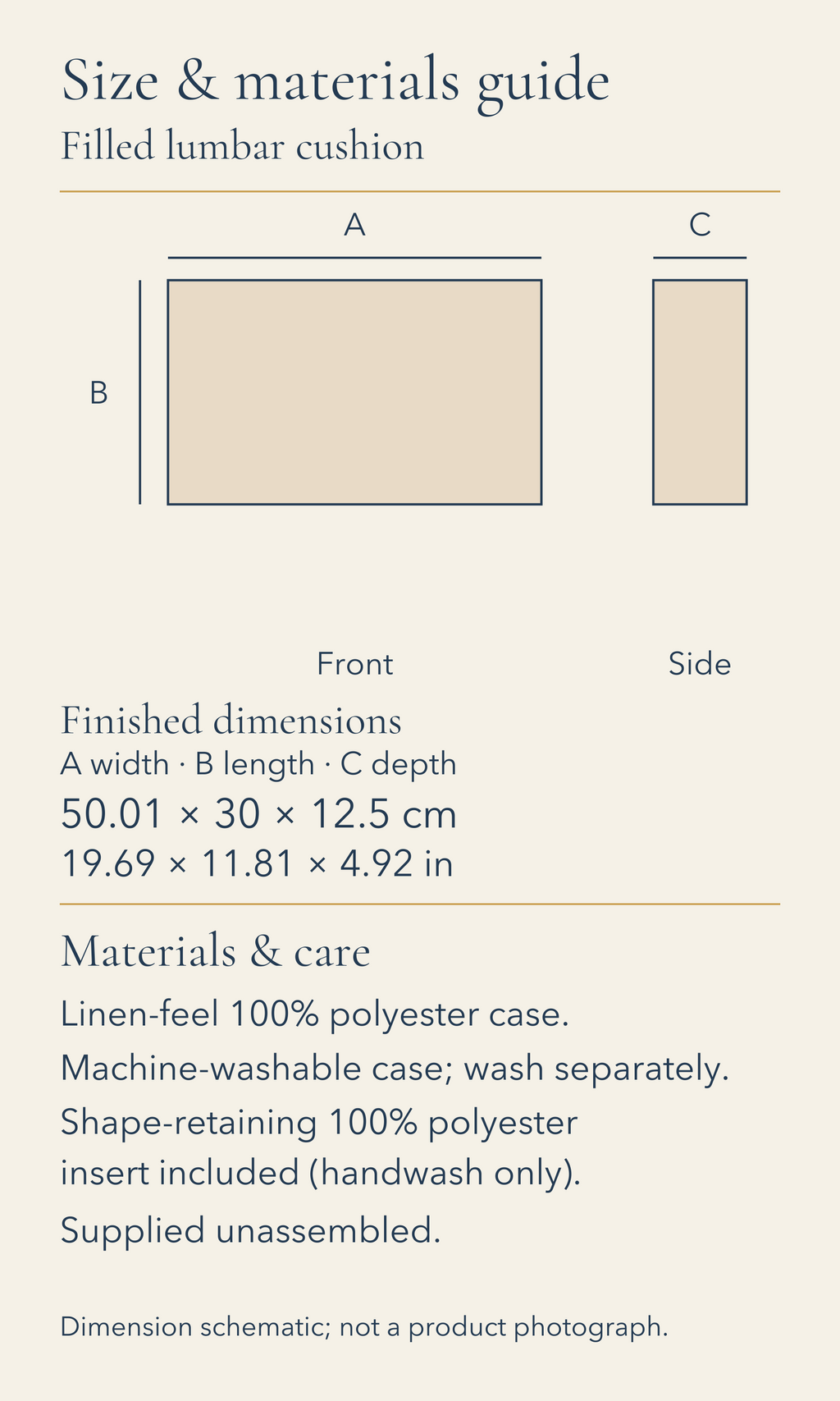 Filled lumbar cushion. Size and materials guide. Finished width, length and depth: 50.01 by 30 by 12.5 centimetres; 19.69 by 11.81 by 4.92 inches. Linen-feel 100% polyester case. Machine-washable case; wash separately. Shape-retaining 100% polyester insert included (handwash only). Supplied unassembled. Front and side dimension envelopes shown to one common scale. No physical sample or photographic appearance is represented.