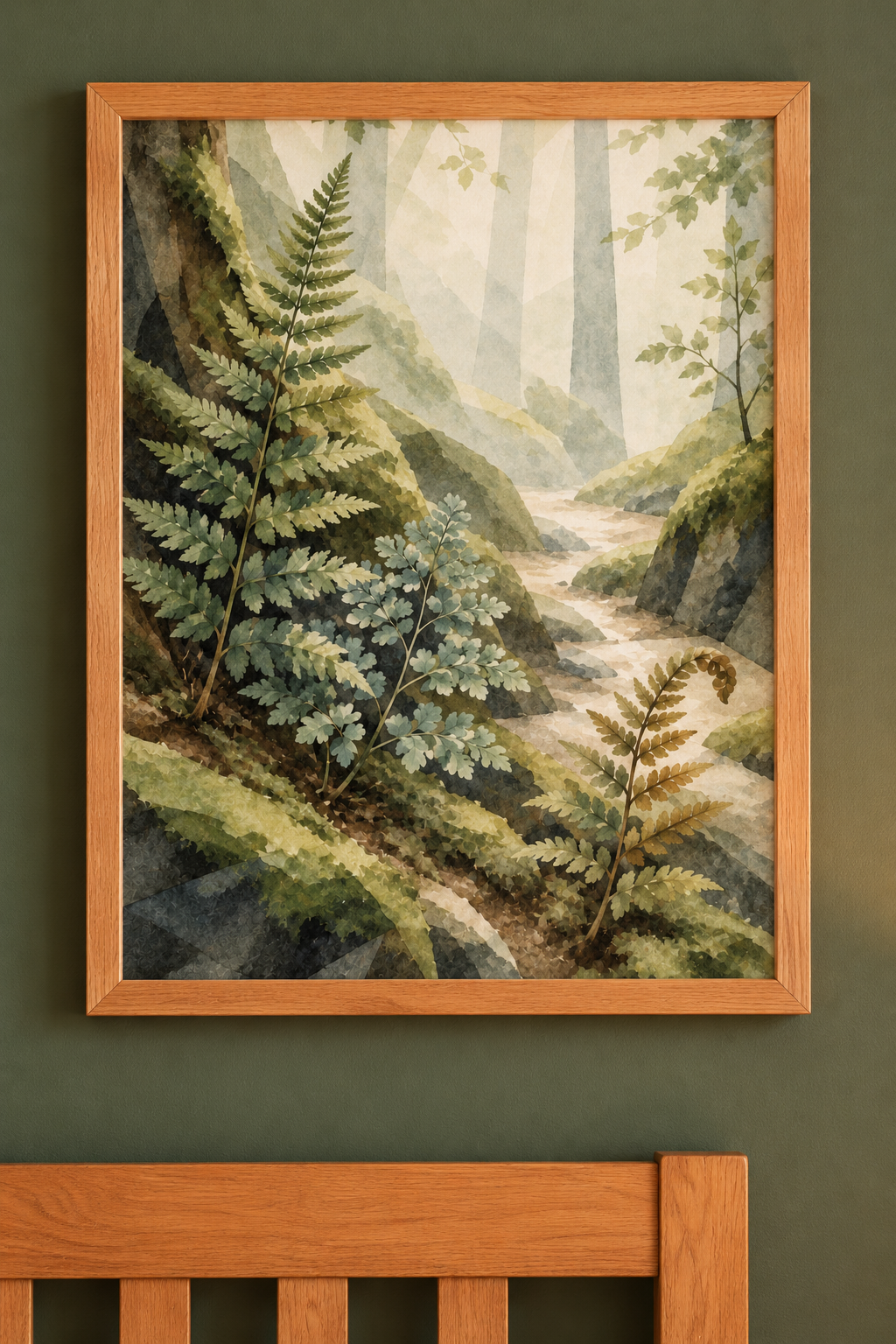 Mosswood Trail Fern by the Stream print in a natural wood frame in the collection room.