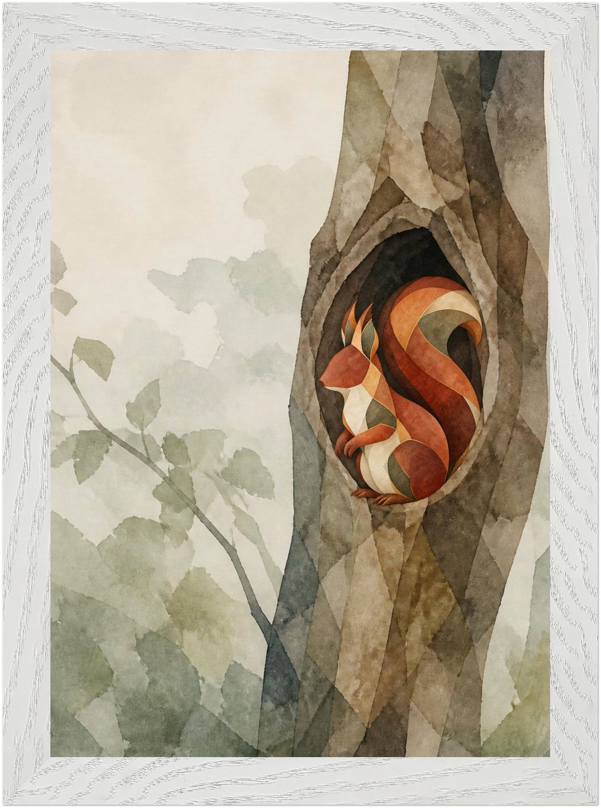 Mosswood Trail Squirrel at the Hollow, Size: A4, Frame colour: White; supplier product preview.
