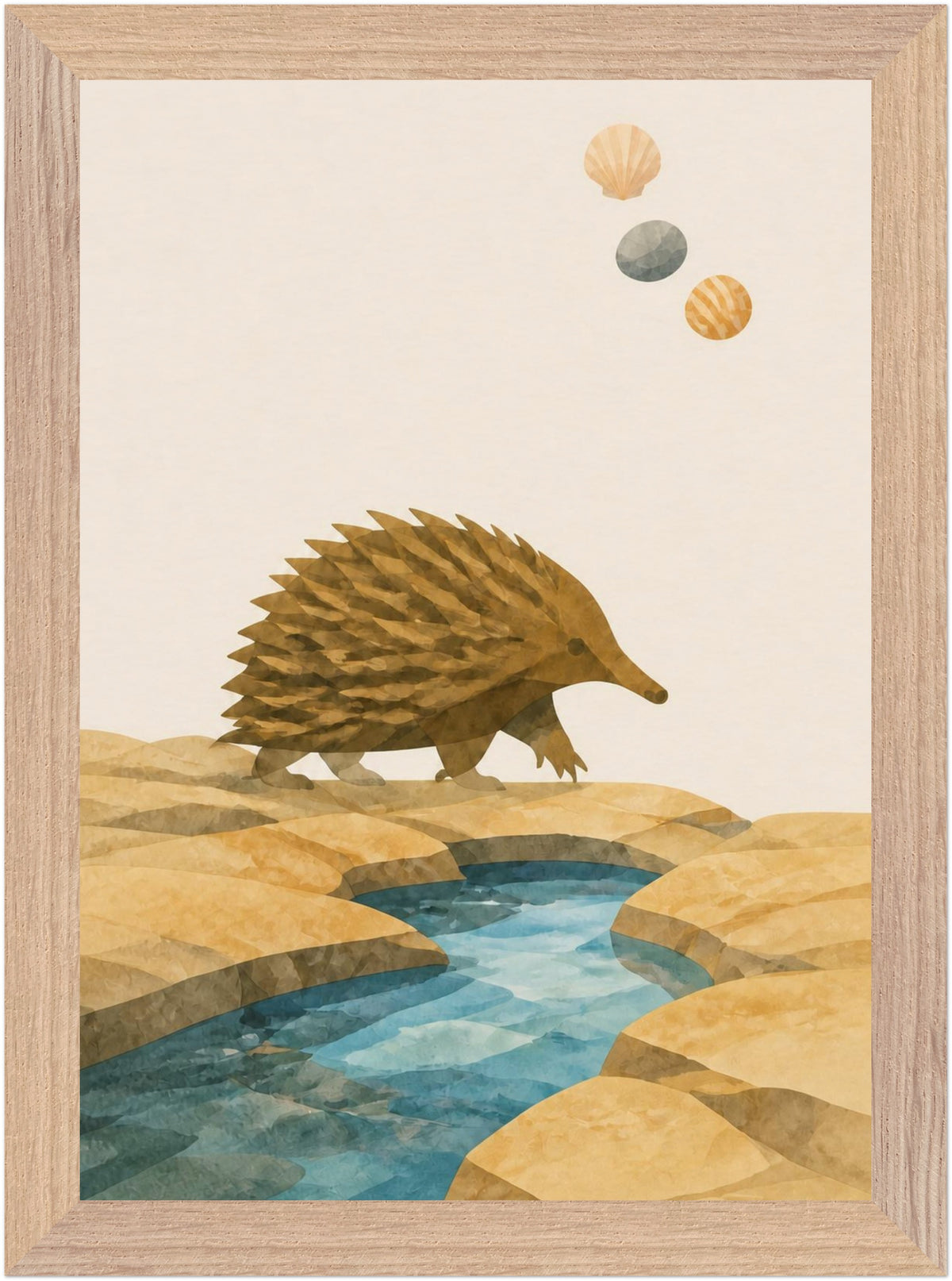 Bush Picnic Echidna by the Stream, Size: A4, Frame colour: Wood; supplier product preview.