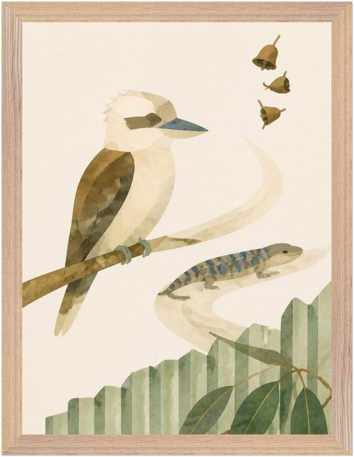 Bush Picnic Kookaburra and Skink, Size: 30 × 40 cm, Frame colour: Wood; supplier product preview.