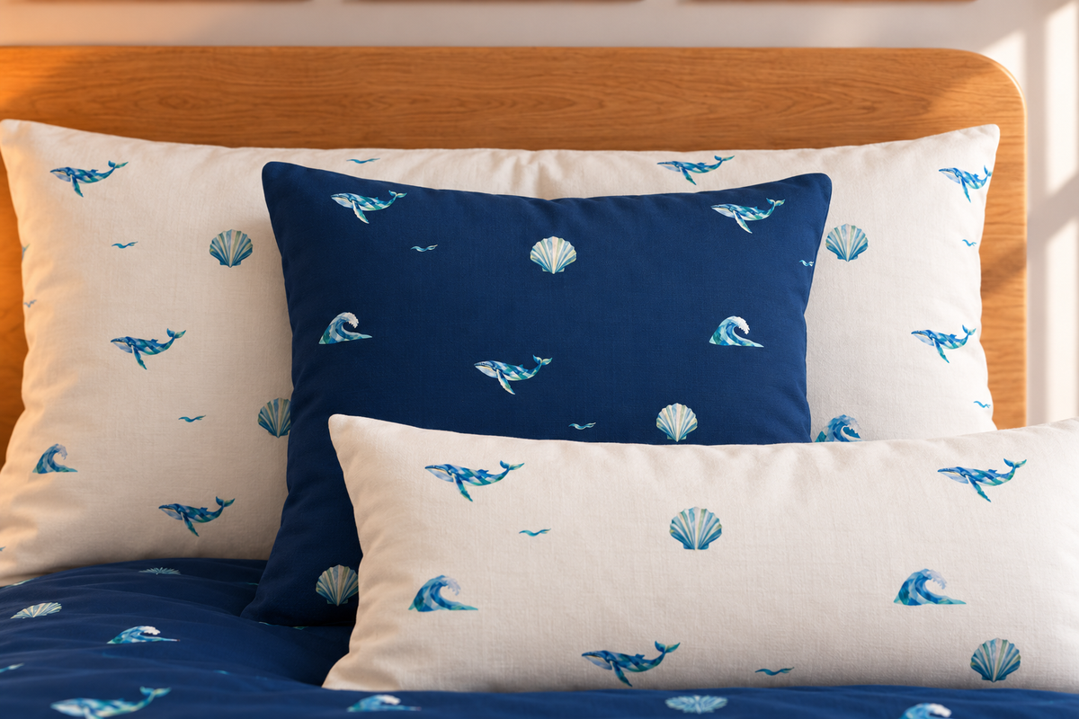 Seaglass Shore Filled Square Cushion, product view in the collection room.