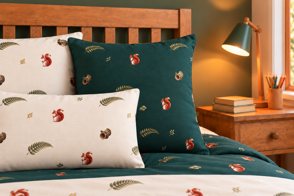 Mosswood Trail Filled Square Cushion, product view in the collection room.