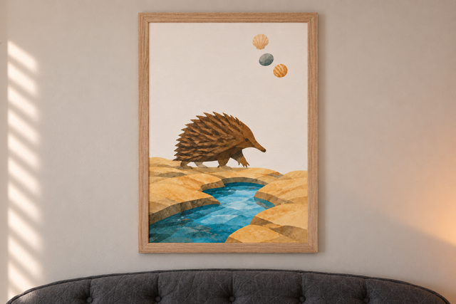 Bush Picnic Echidna by the Stream print in a natural wood frame in the collection room.