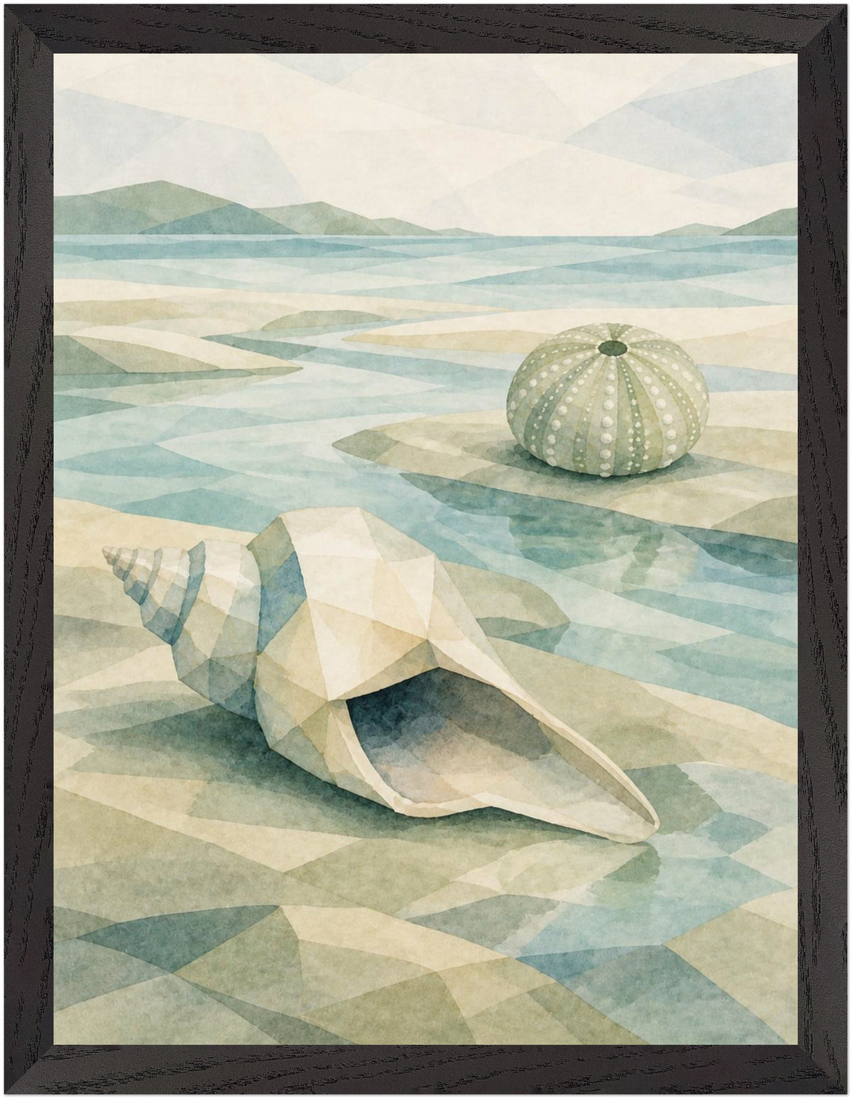 Seaglass Shore Conch and Sea Urchin, Size: 30 × 40 cm, Frame colour: Black; supplier product preview.