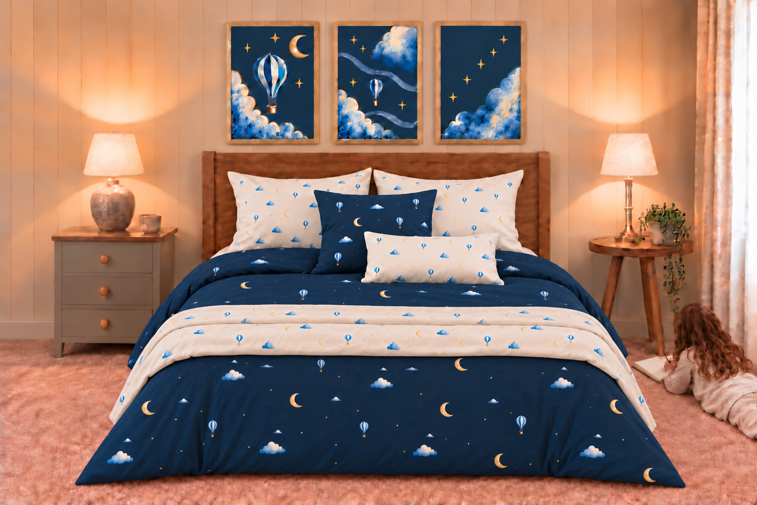 Approximate coordinated Moonrise room styling; other products and furniture shown separately.