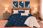 Moonrise collection room context. Only the selected artwork print and selected frame finish, when framed, are included. Other artworks, textiles, furniture and styling props shown are excluded. Room photography does not prove print size.