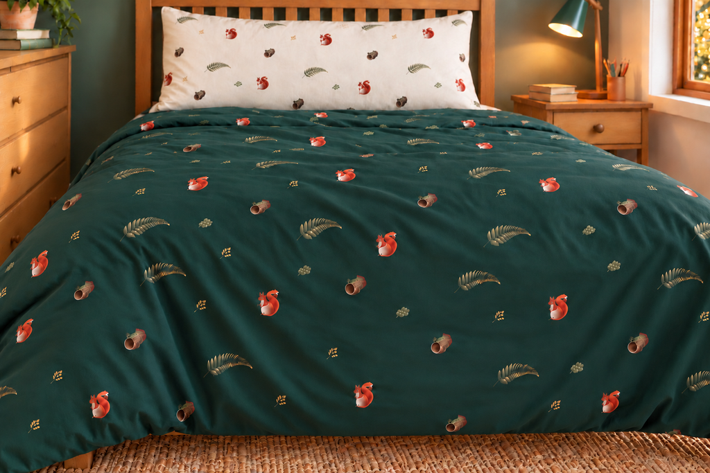 Mosswood Trail duvet cover in the existing room, with its green woodland print unobscured; coordinated ivory pillowcase shown separately.
