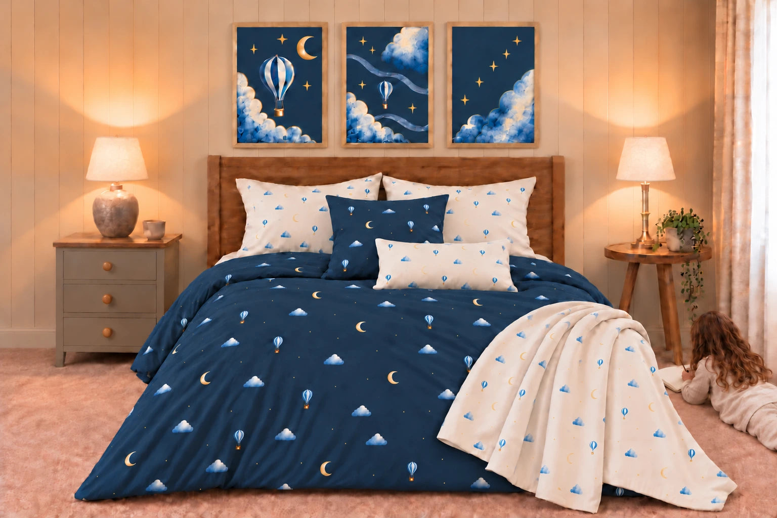 Moonrise artwork, bedding and cushions styled together in a room.