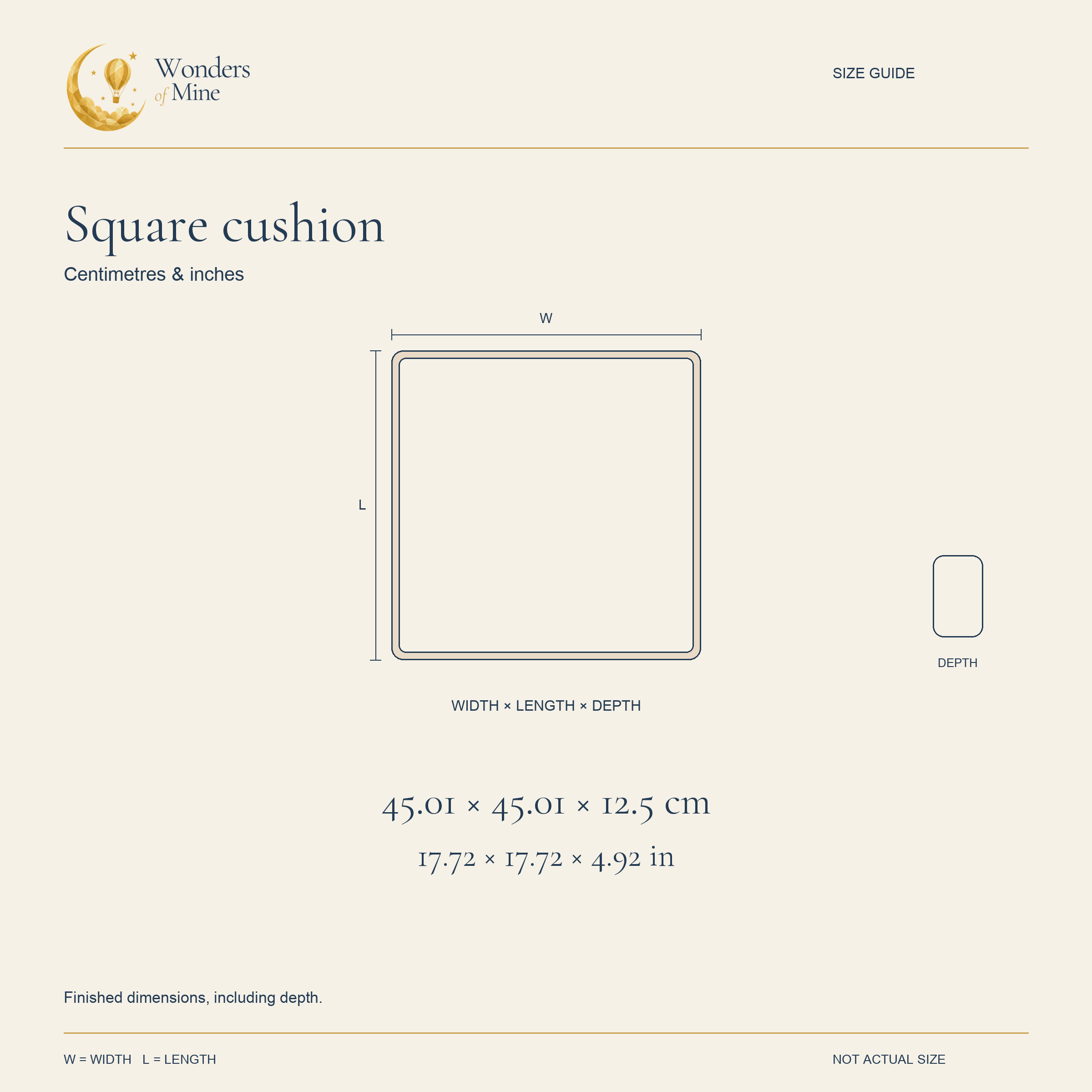 Square cushion dimension diagram. Measurements are also listed below.