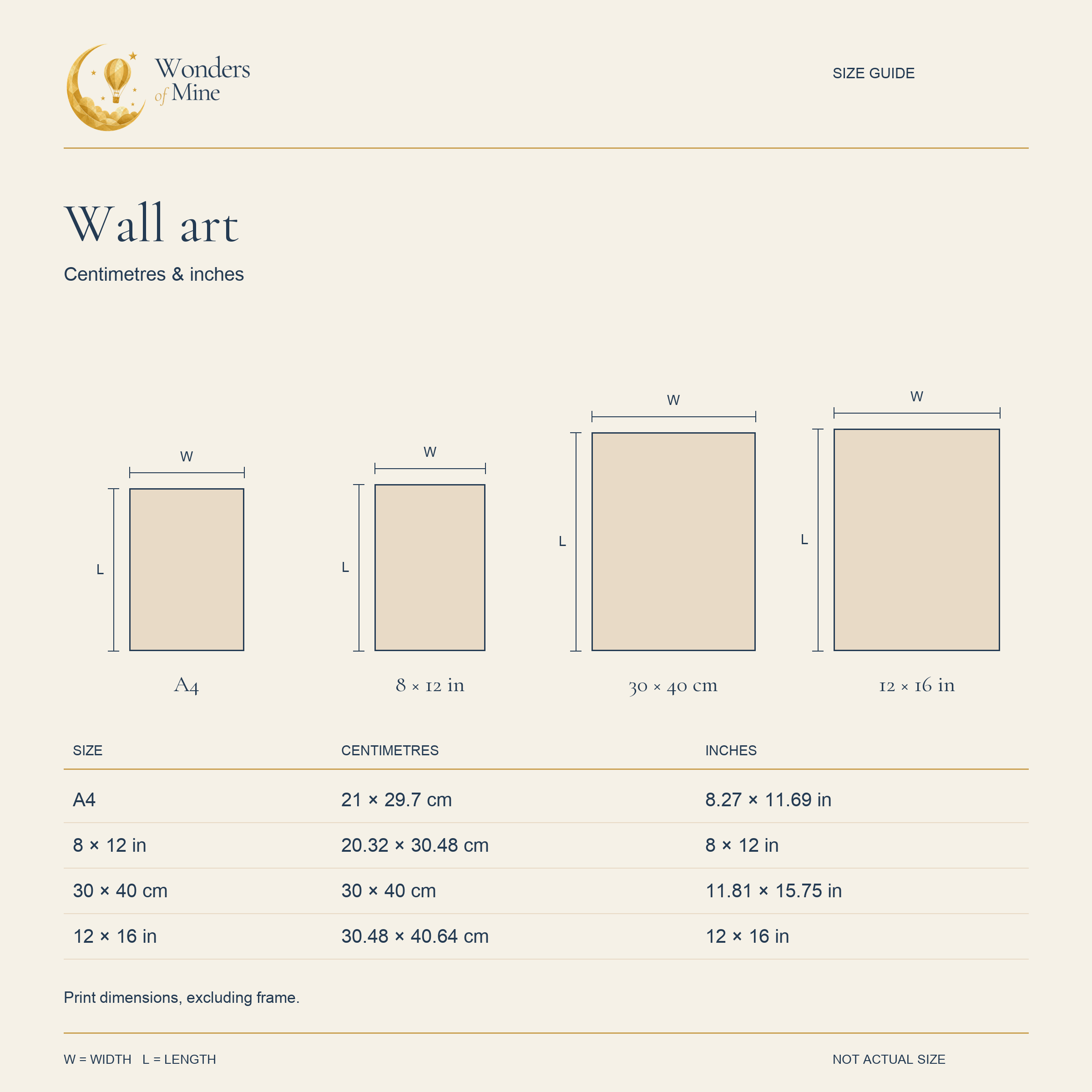 Wall art dimension diagram. Measurements are also listed below.