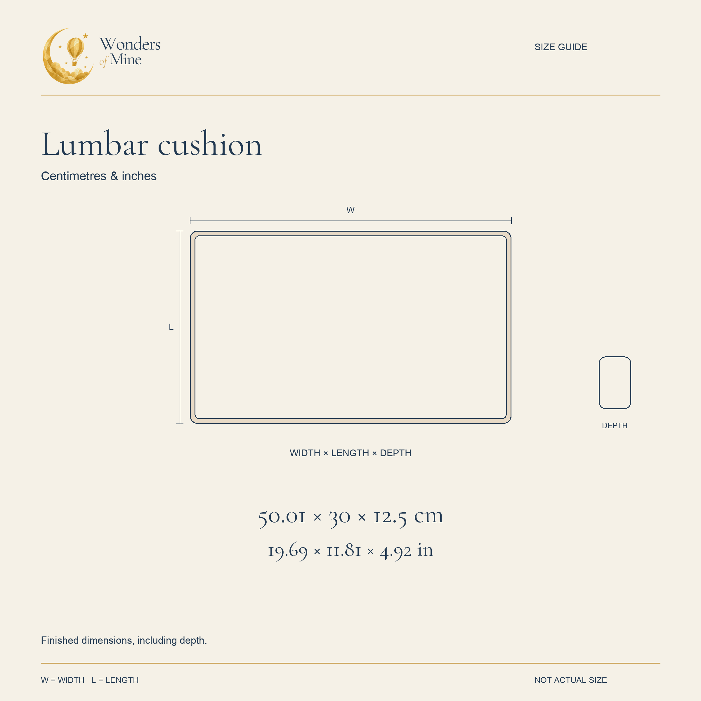Lumbar cushion dimension diagram. Measurements are also listed below.
