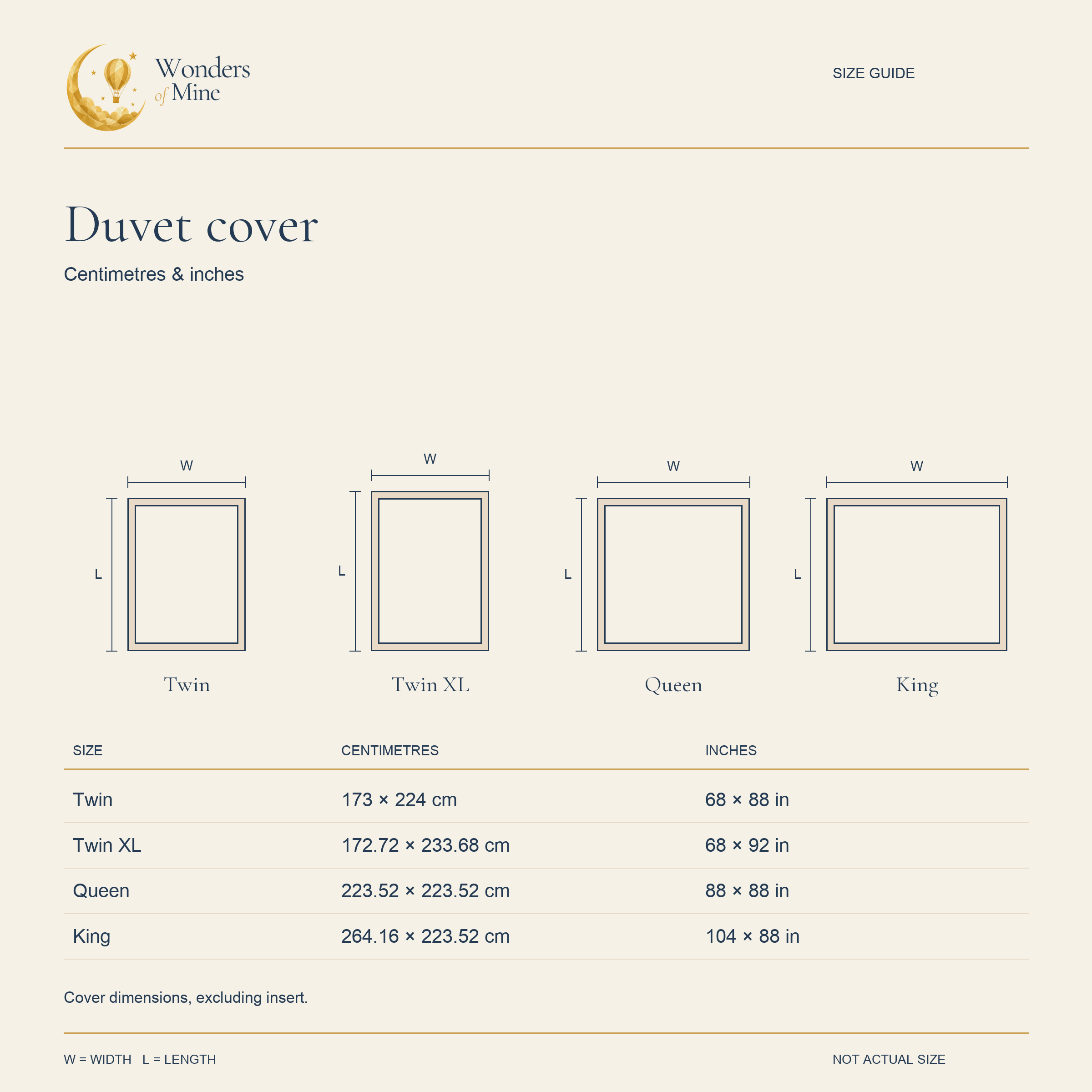 Duvet cover dimension diagram. Measurements are also listed below.
